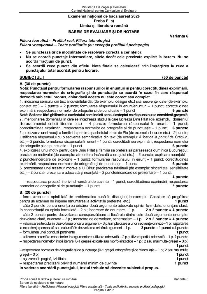 BAC 2026. S-a publicat BAREMUL de corectare la limba rom&acirc;nă. Vezi cum se punctează lucrările &icirc;n funcție de profil
