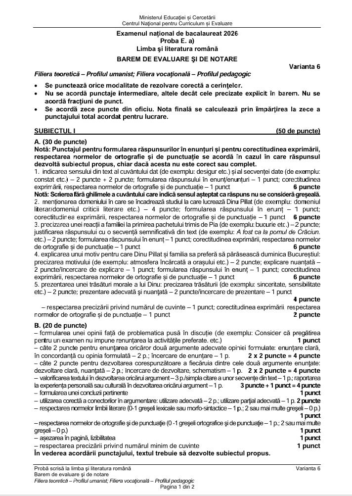 BAC 2026. S-a publicat BAREMUL de corectare la limba rom&acirc;nă. Vezi cum se punctează lucrările &icirc;n funcție de profil