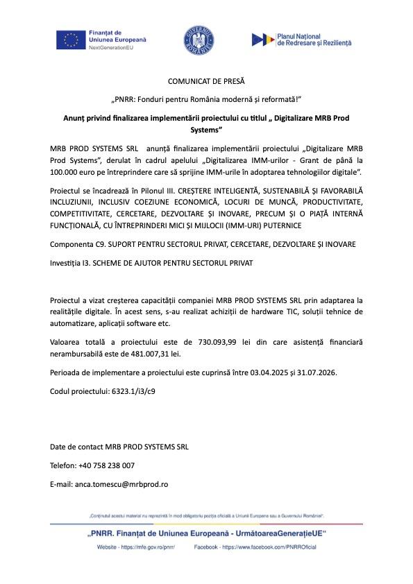 Comunicat de presa finalizare proiect