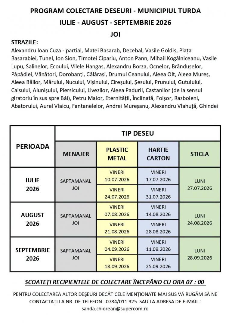 Programul de colectare a deșeurilor Turda pentru lunile de vară