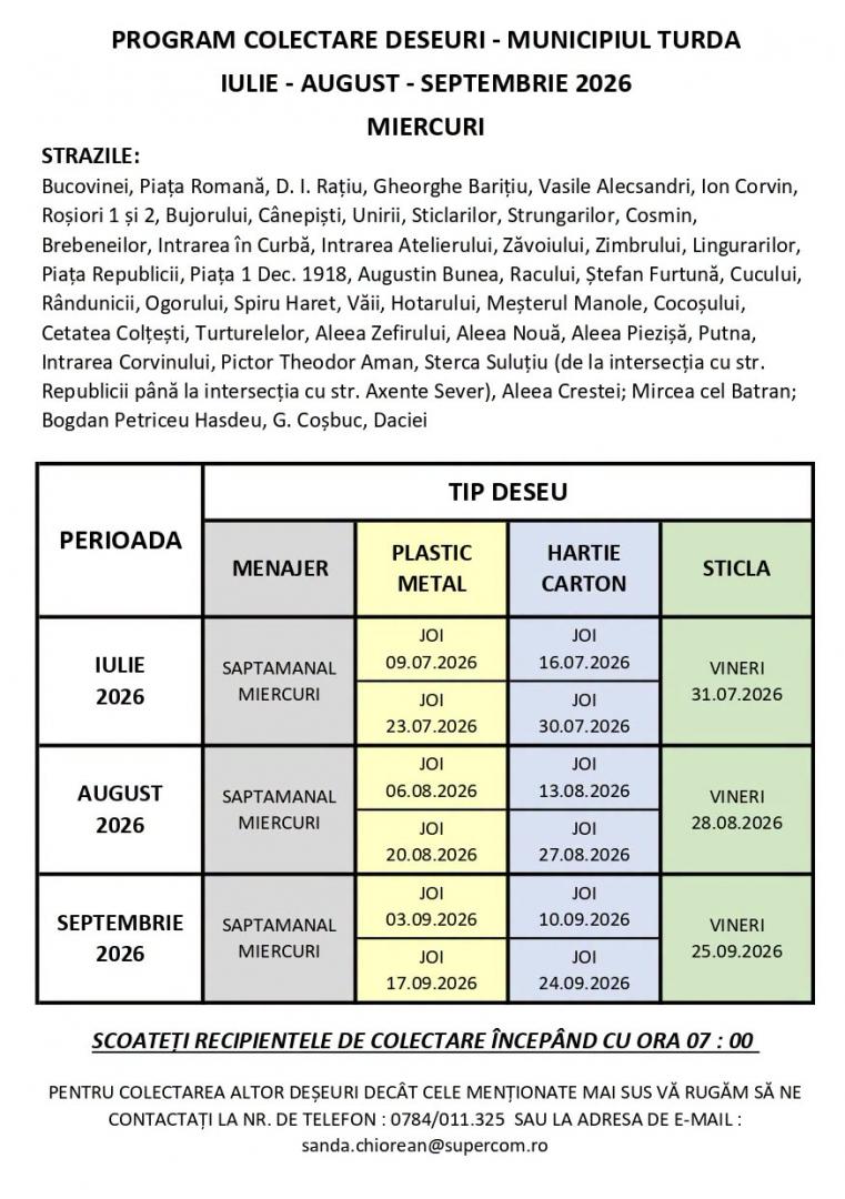 Programul de colectare a deșeurilor Turda pentru lunile de vară