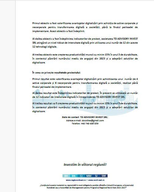 COMUNICAT DE PRESĂ PRIVIND FINALIZAREA PROIECTULUI &rdquo; Digitalizarea societății TD ADVISORY INVEST SRL&rdquo;