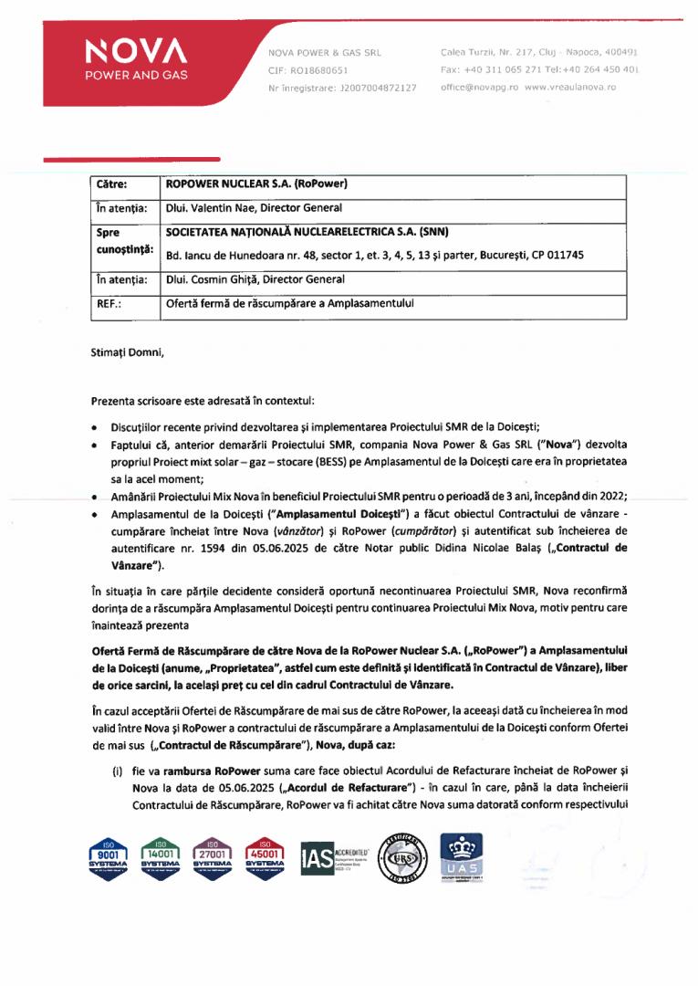 Prima reacție a Nova Power & Gas după raportul Corpului de Control privind proiectul SMR de la Doicești