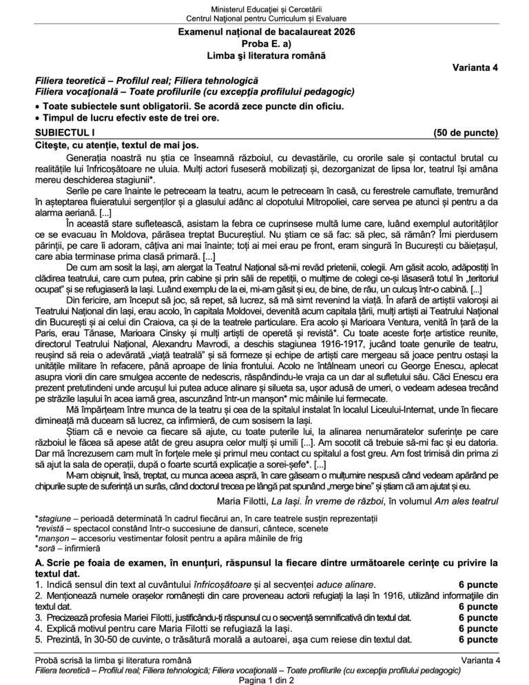 BAC-ul de toamnă 2026. Ce SUBIECTE au primit elevii la Limba și literatura rom&acirc;nă/ BAREMELE de corectare