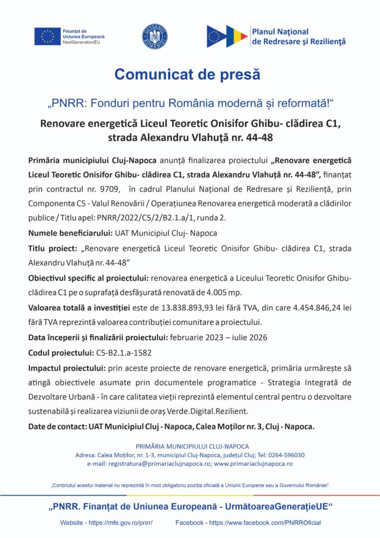 Comunicat de presă - Finalizare proiect - Renovare energetică Liceul Teoretic Onisifor Ghibu- clădirea C1, strada Alexandru Vlahuță nr. 44-48