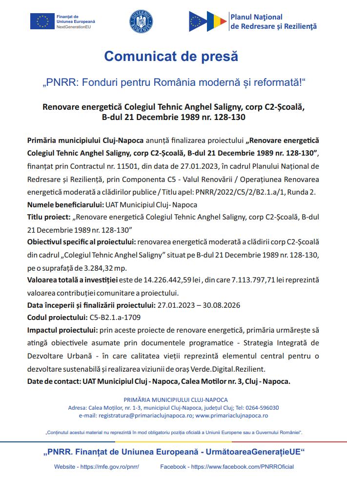 Comunicat de presă: Primăria Cluj-Napoca anunță finalizarea proiectului &bdquo;Renovare energetică Colegiul Tehnic Anghel Saligny, corp C2-Școală, B-dul 21 