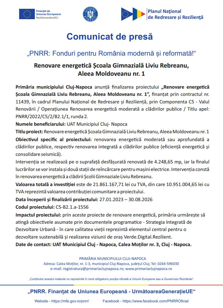 Comunicat de presă: Primăria Cluj-Napoca anunță finalizarea proiectului &bdquo;Renovare energetică Școala Gimnazială Liviu Rebreanu, Aleea Moldoveanu nr. 1&rdquo;