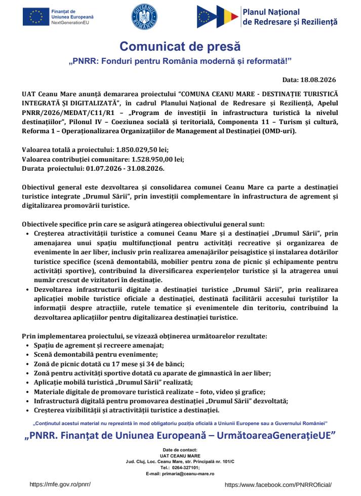 Comunicat de presă privind demararea proiectului &ldquo;COMUNA CEANU MARE - DESTINAȚIE TURISTICĂ INTEGRATĂ ȘI DIGITALIZATĂ&rdquo;