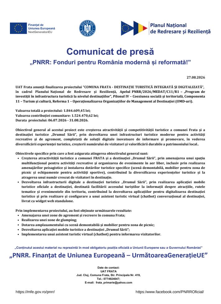 Comunicat de presă privind finalizarea proiectului &ldquo;COMUNA FRATA - DESTINAȚIE TURISTICĂ INTEGRATĂ ȘI DIGITALIZATĂ&rdquo;