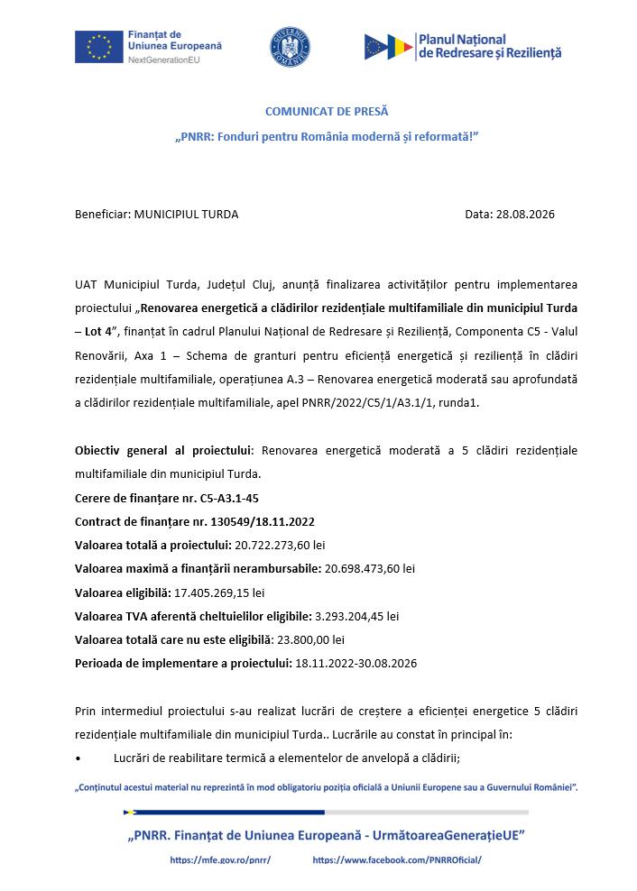 Comunicat de presă: Finalizare activități implementare proiect UAT Municipiul Turda, Județul Cluj, anunță finalizarea activităților pentru implementar
