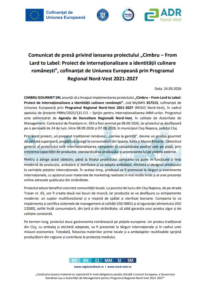 Comunicat de presă privind lansarea proiectului &bdquo;Cimbru &ndash; From Lard to Label: Proiect de internaționalizare a identității culinare rom&acirc;nești&rdquo;