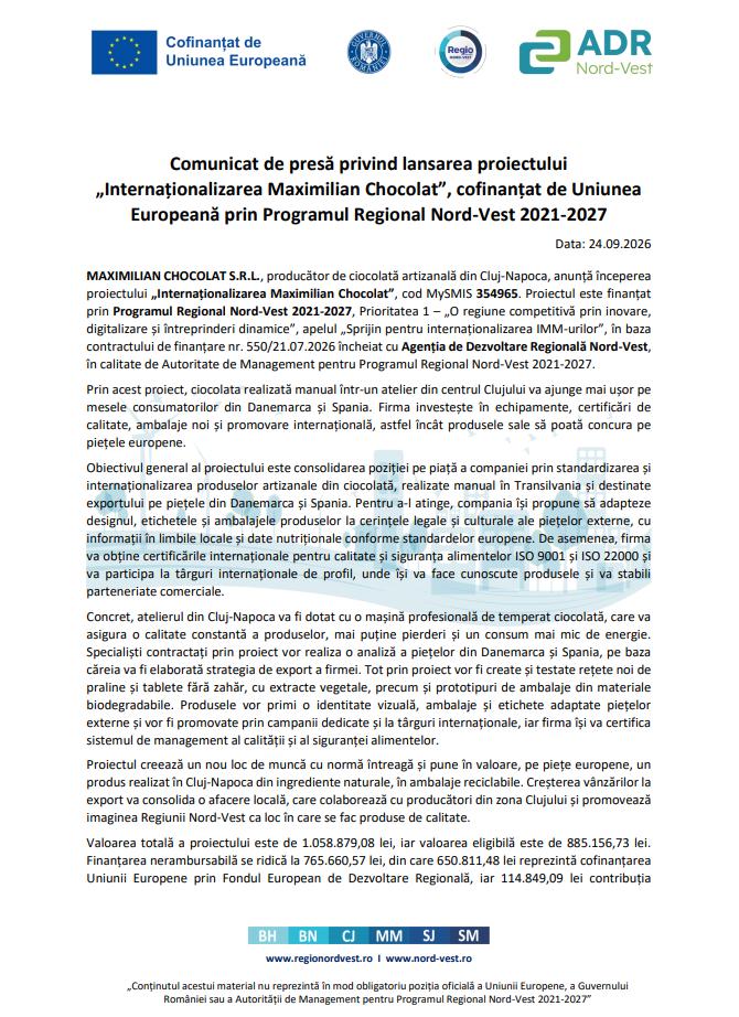 Comunicat de presă privind lansarea proiectului &bdquo;Internaționalizarea Maximilian Chocolat&rdquo;