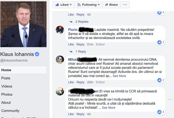 #Unlike pentru Iohannis după revocarea lui Kovesi. Val de critici pe pagina de Facebook a preşedintelui României