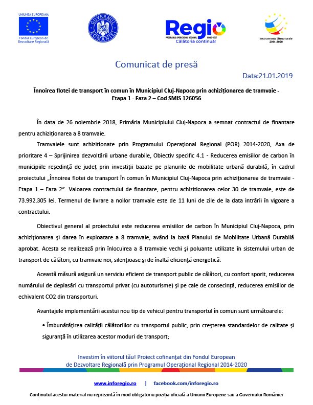 Înnoirea flotei de transport în comun în Municipiul Cluj-Napoca prin achiziționarea de tramvaie - Etapa 1 - Faza 2