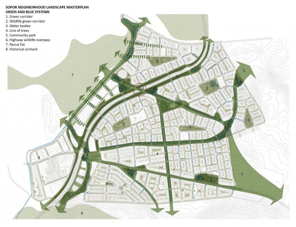 Plan de detaliu pentru SOPOR. Șapte unităţi de cartier, şase staţii de autobuz şi una de tren, alei pietonale și piste de biciclete