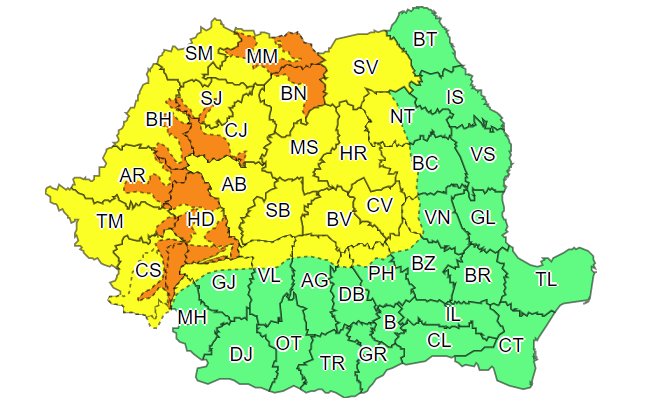 Avertizare de fenomene meteo extreme la Cluj: Cod Galben de vânt și Cod Portocaliu de ploi, lapoviță și ninsori