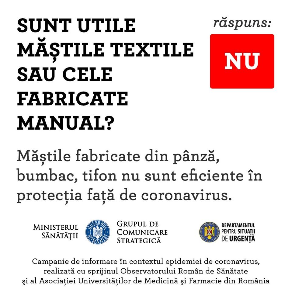 Măștile fabricate manual sau din pânză/bumbac/tifon nu protejează împotriva infecției cu coronavirus