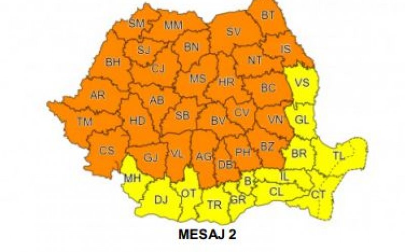 Cod portocaliu de ploi torențiale până deseară la ora 23 în majoritatea țării
