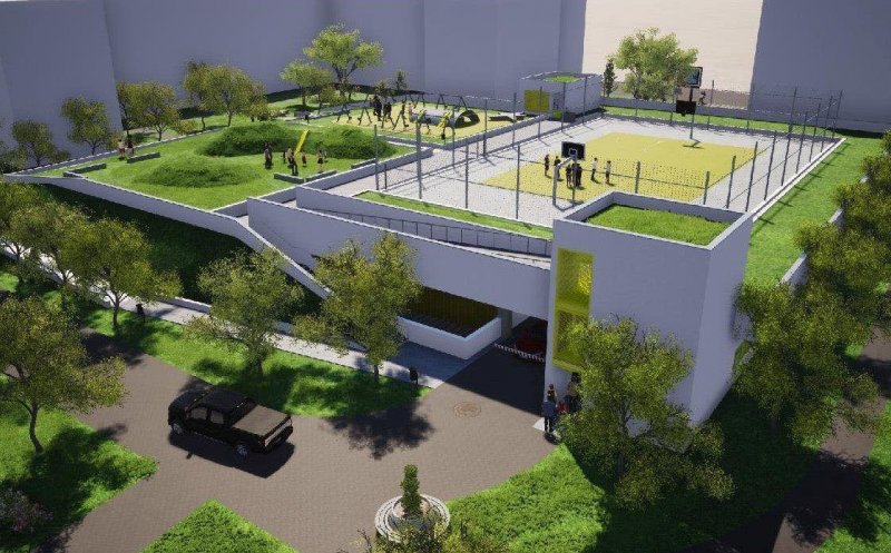 Primul parking subteran, cu terasă verde, spațiu de joacă și teren de sport va fi gata luna viitoare