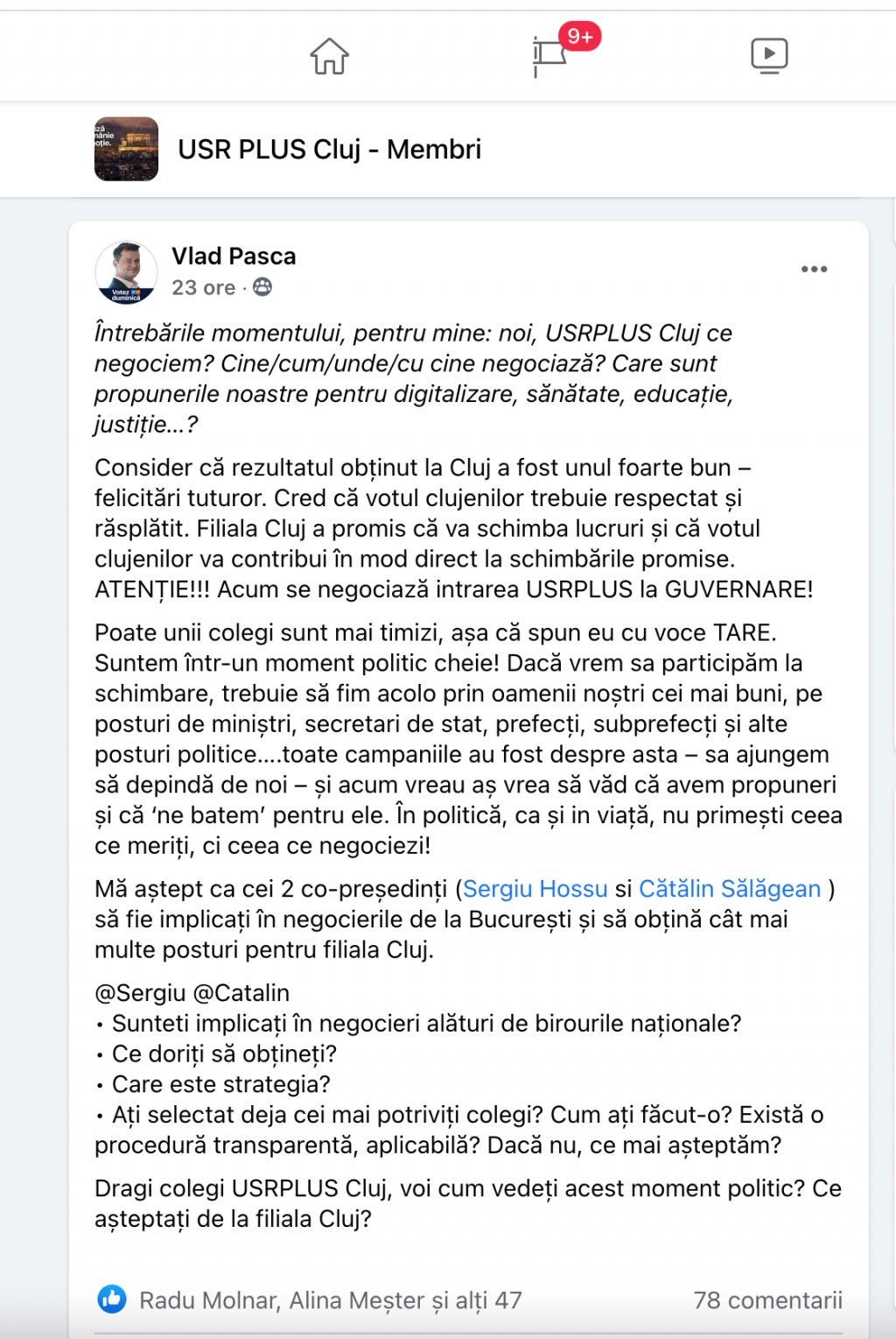 Frământări în USR-PLUS Cluj: „Cei doi co-președinți să fie implicați în negocierile de la București și să obțină cât mai multe posturi pentru filiala 