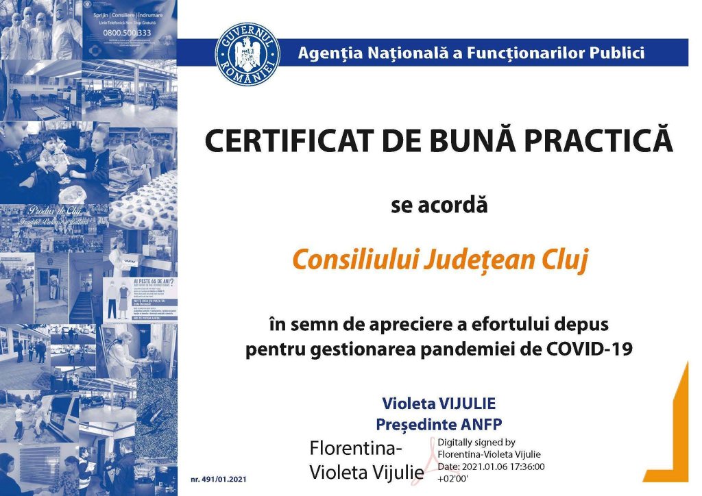 Consiliul Județean Cluj, premiat pentru gestionarea pandemiei de COVID-19
