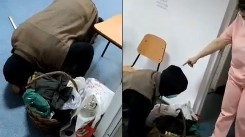 Bătrân în genunchi, umilit pe holurile unui spital