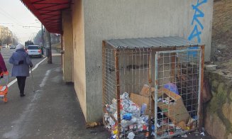 Şobolani într-o staţie de autobuz din Cluj-Napoca. În apropiere, gunoaie neridicate de săptămâni