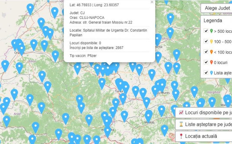 Hartă interactivă cu centrele și tipurile de vaccin, pe platforma de programare. VEZI unde și cu ce se vaccinează la Cluj