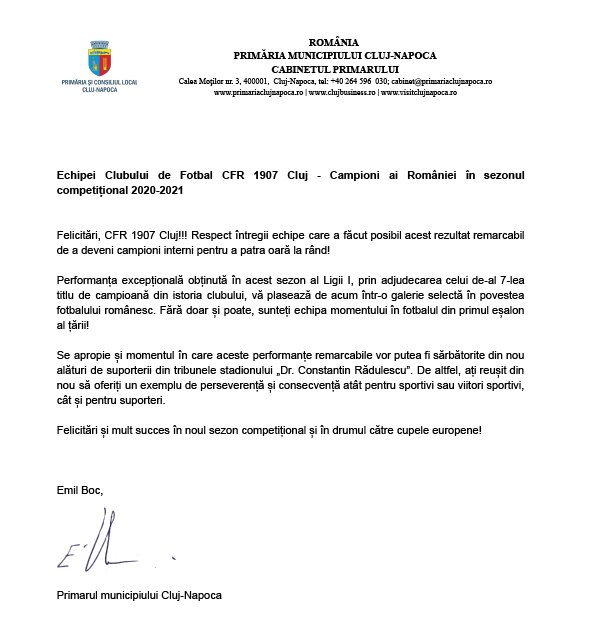 Scrisoarea lui Emil Boc către campionii de la CFR Cluj: "Respect întregii echipe care a făcut posibil acest rezultat remarcabil"