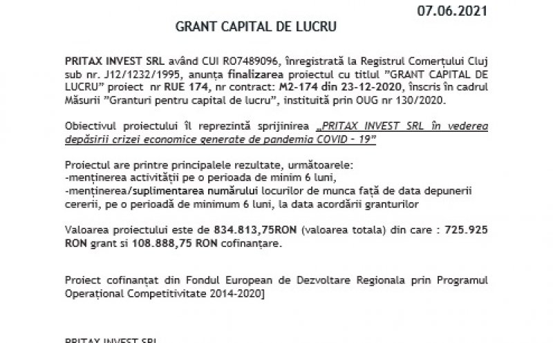 GRANT CAPITAL DE LUCRU