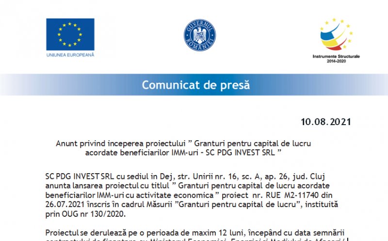 Începe proiectul ”Granturi pentru capital de lucru acordate beneficiarilor IMM-uri – SC PDG INVEST SRL”