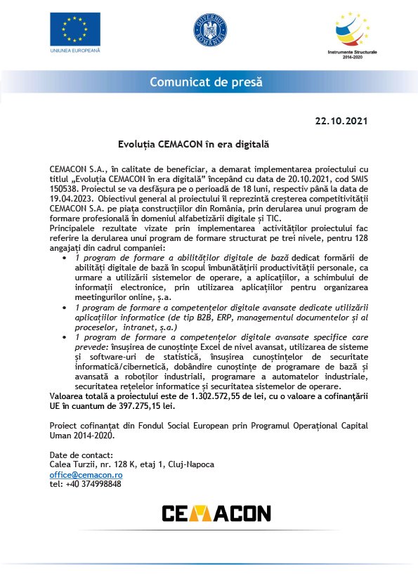 COMUNICAT DE PRESĂ - Evoluția CEMACON în era digitală