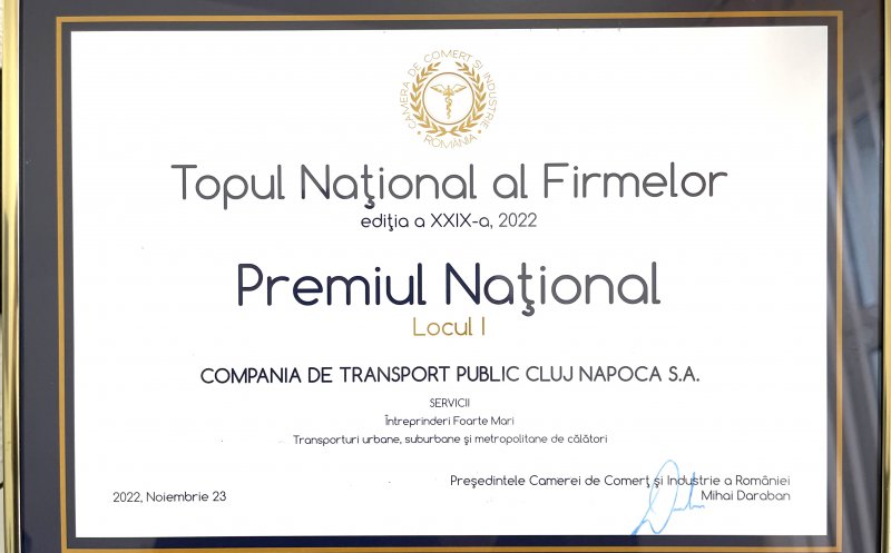 Compania de Transport Public Cluj-Napoca este cea mai performantă din România. Locul 1 în Topul Național al Firmelor – Ediția 2022