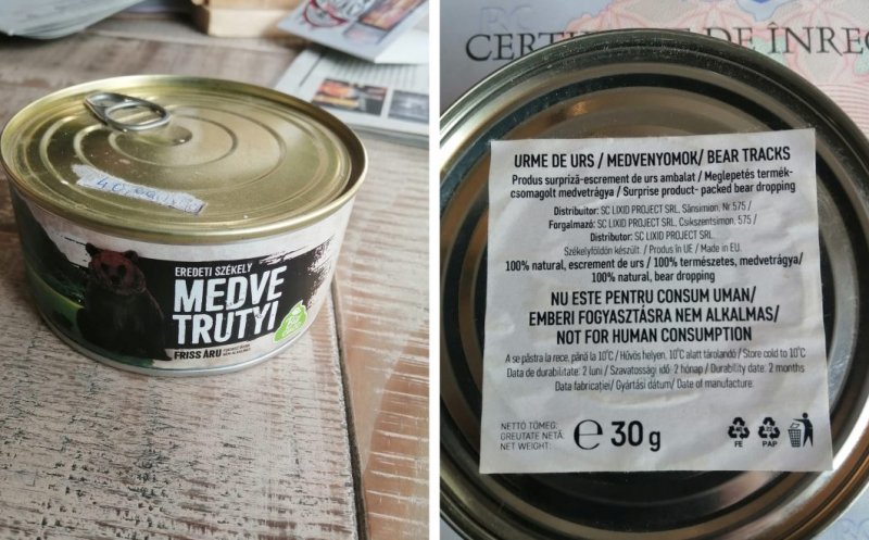 Rahat de urs la conservă, de vânzare în România: "100% natural, excremente de urs brun transilvănean. Fără gluten, fără conservanţi, vegan"