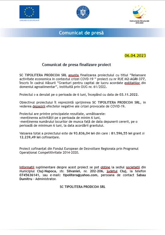 Comunicat de presa finalizare proiect  SC TIPOLITERA PRODCOM SRL