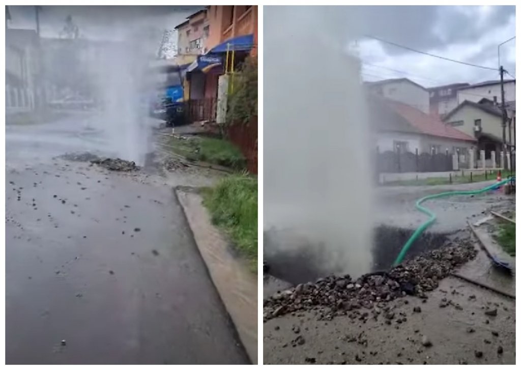 Conductă spartă pe o stradă din Dej. Apa a țâșnit la câțiva metri înălțime