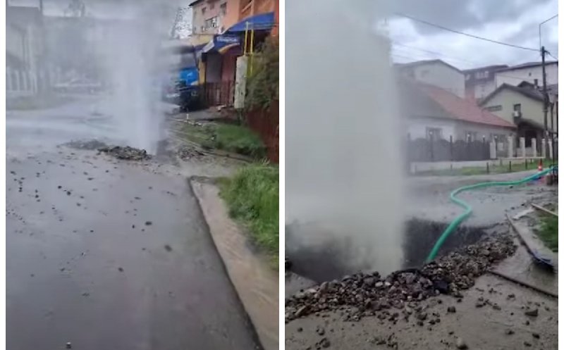 Conductă spartă pe o stradă din Dej. Apa a țâșnit la câțiva metri înălțime