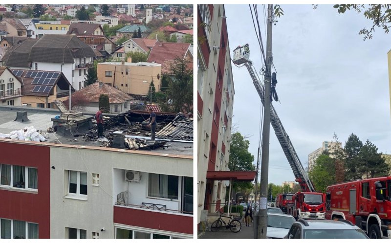 Incendiu pe o stradă din Cluj-Napoca. Acoperișul unui bloc a luat foc