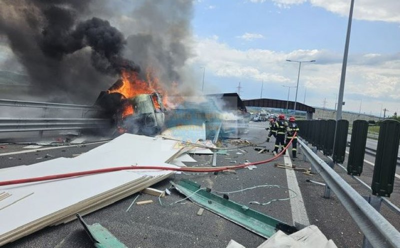 TIR în flăcări pe A10. Circulaţie oprită pe sensul spre Turda