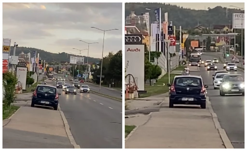 La Cluj trotuarul este mai nou bandă pentru mașini! Șofer surprins cu mașina pe trotuar / “Măcar a semnalizat”