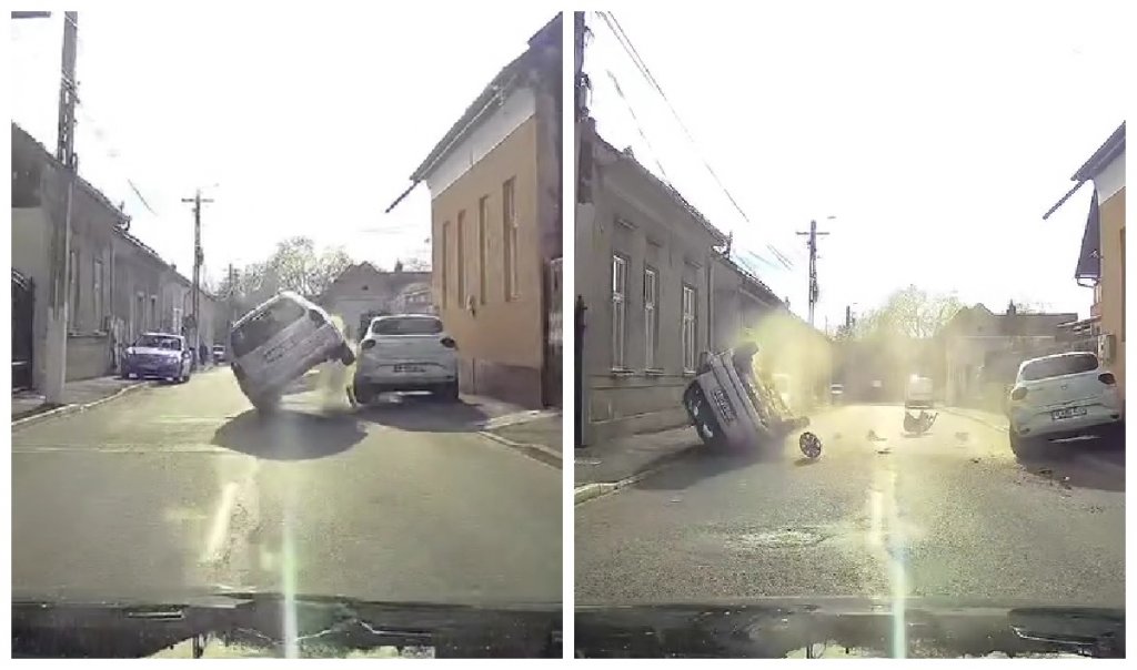 Accident în Turda! Momentul în care o mașină s-a IZBIT puternic de un autoturism parcat și s-a RĂSTURNAT