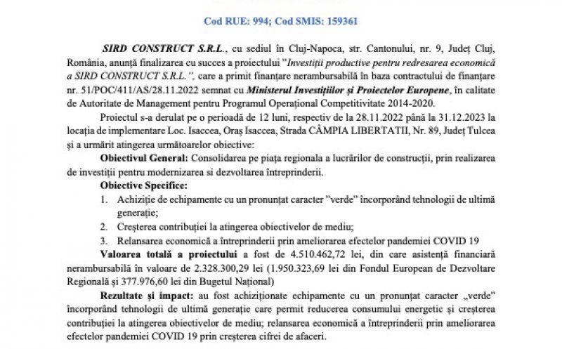 Anunț finalizare proiect