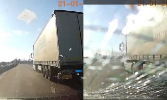 Ghinion în trafic. O bucată de gheață, căzută de pe un TIR, a făcut praf parbrizul unui șofer clujean