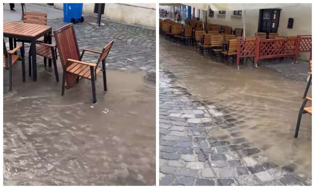 Zona Pieței Muzeului din Cluj, INUNDATĂ a doua oară în această lună. S-a spart o conductă de apă