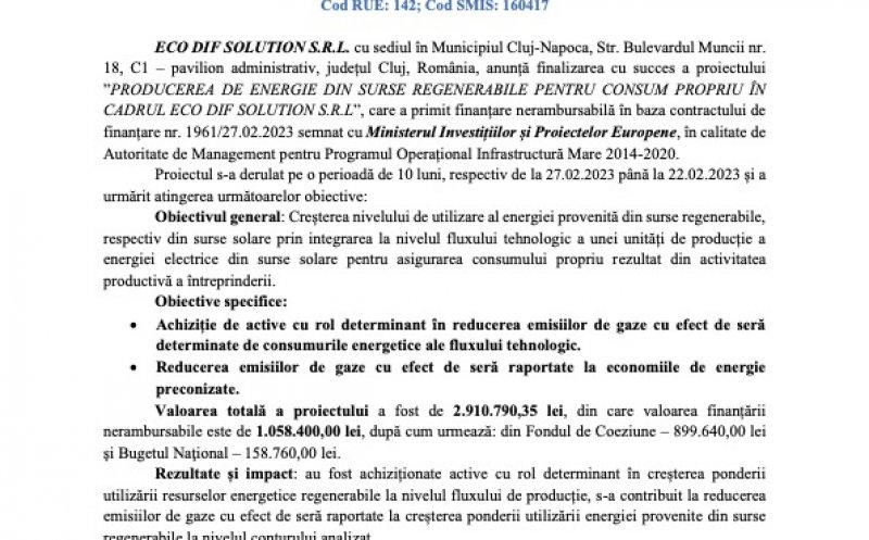 Anunț finalizare proiect