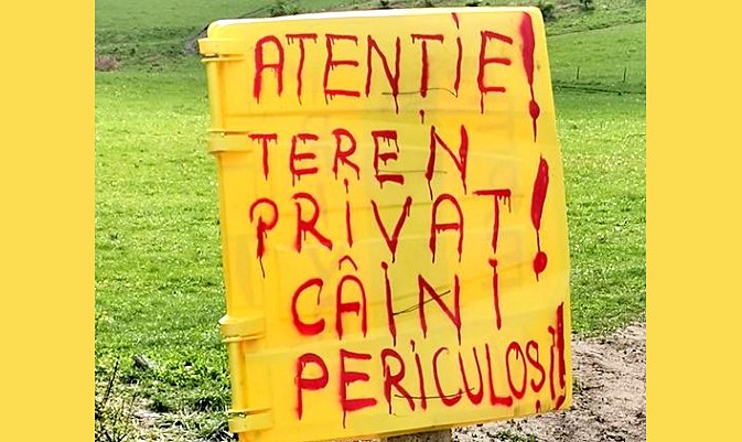 Pancartă ruptă din filmele horror, la marginea pădurii, în Florești / ”Când câinii tăi atacă alți câini/oameni, devine o problemă legală”