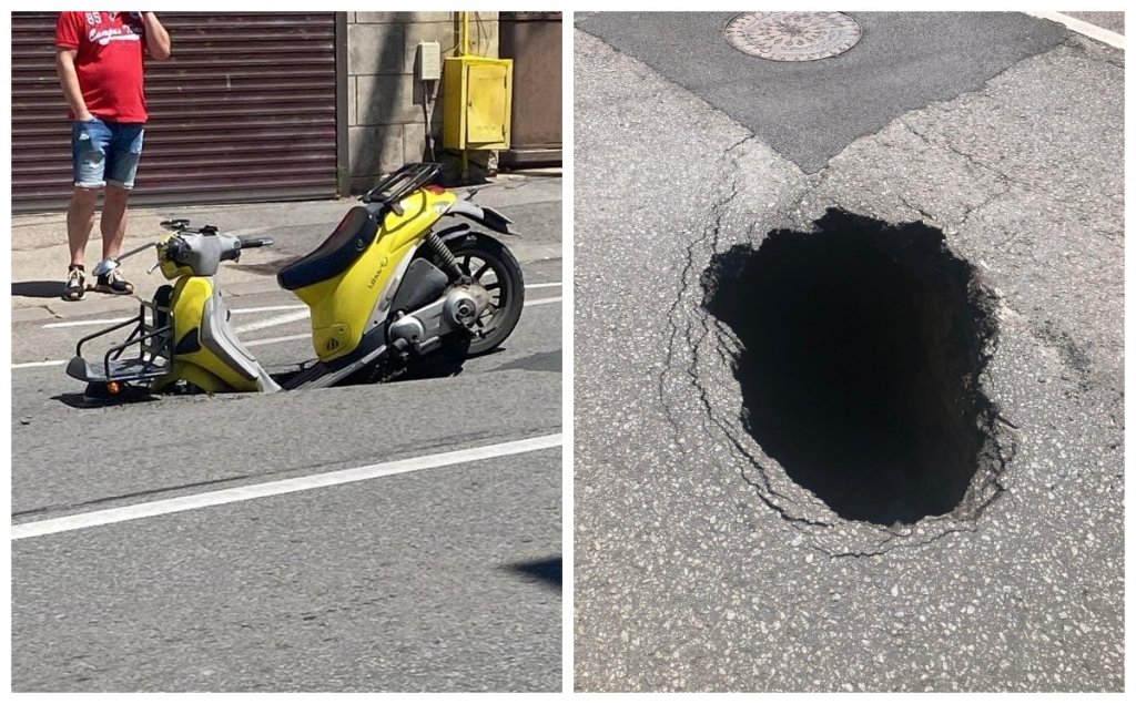 O gaură uriașă s-a căscat în asfalt și aproape a "înghițit" un scuter, pe o stradă din Cluj-Napoca