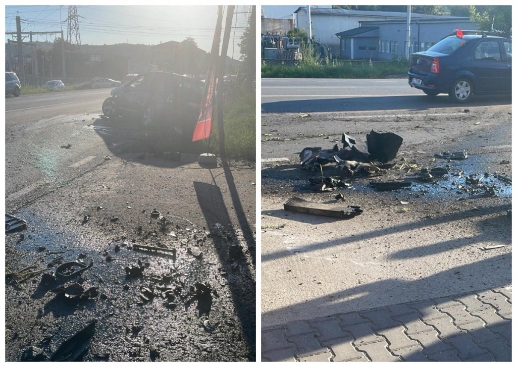 ACCIDENT grav în Cluj-Napoca. O mașină a intrat într-un cap de pod și s-a răsturnat