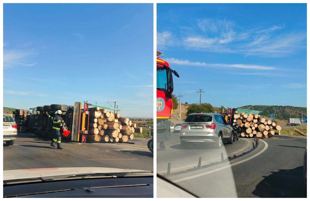 TIR încărcat cu lemne, răsturnat pe centura Apahida-Vâlcele. Trafic aglomerat