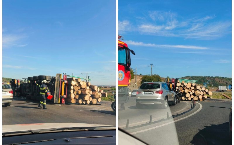 TIR încărcat cu lemne, răsturnat pe centura Apahida-Vâlcele. Trafic aglomerat